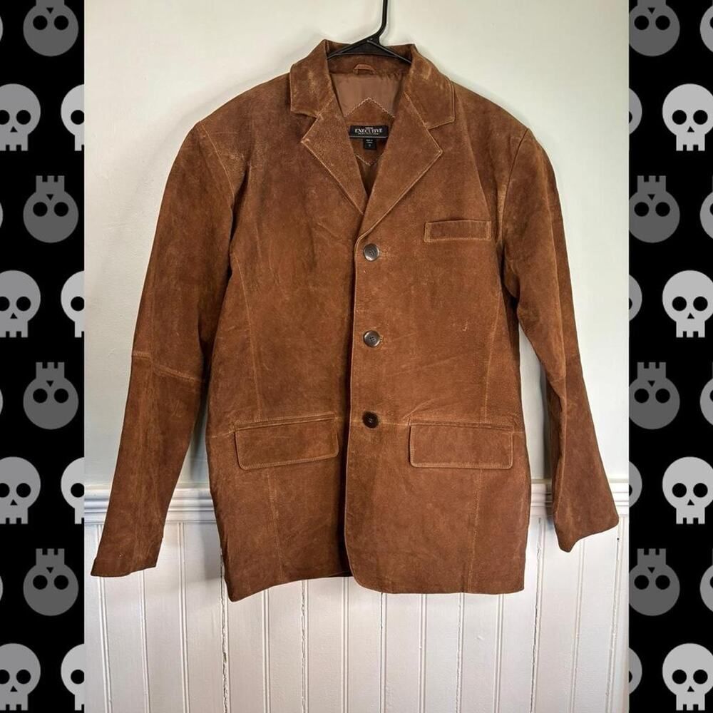 Vintage Genuine Leather Blazer Brown Suede Jacket Mens Small Button Front